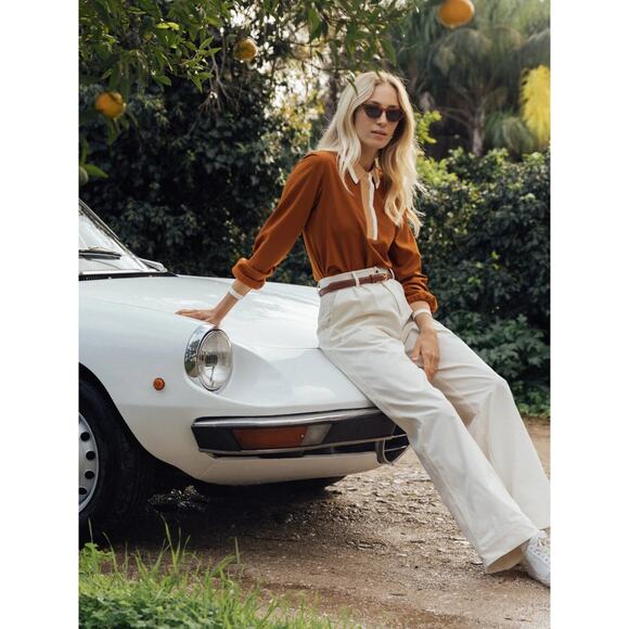 A. Putnam Long Sleeve Polo Golf Shirt in Terra Orange Brown Stripe Trim M - Picture 7 of 14